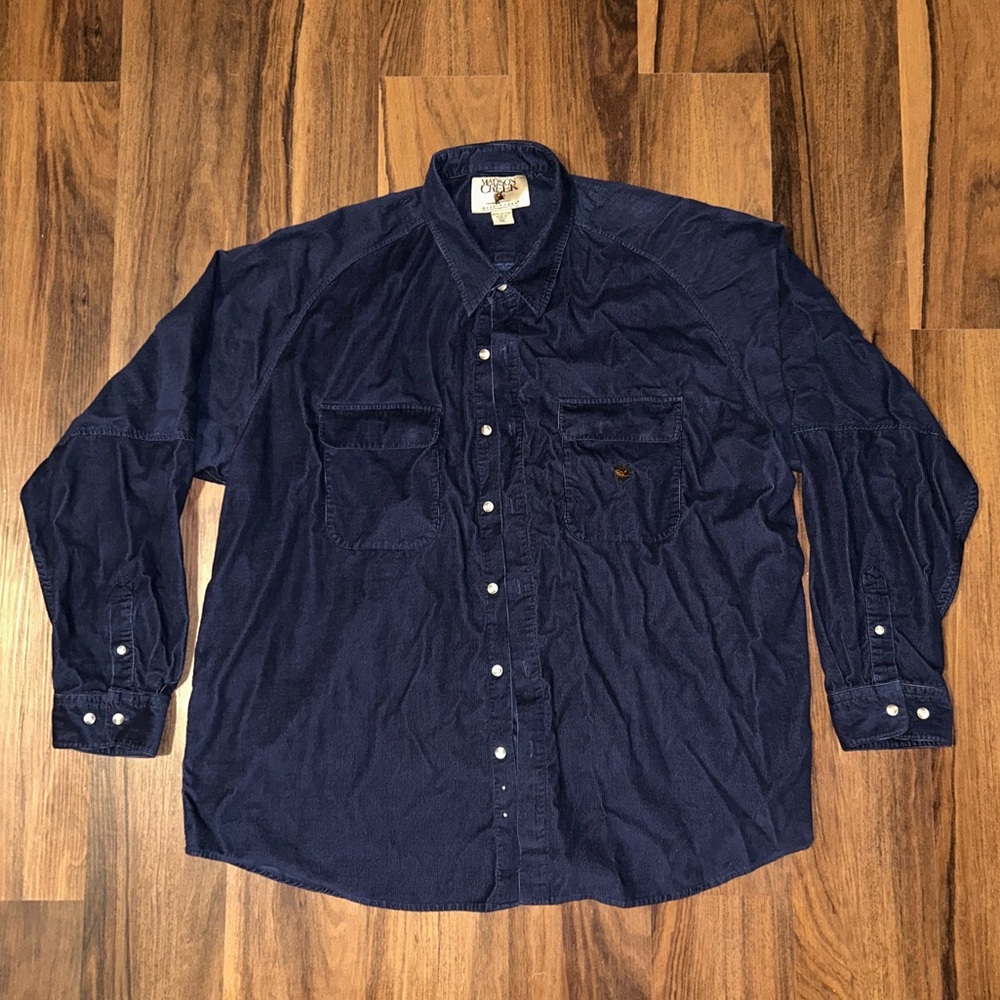Madison Creek Corduroy Button Up Shirt 2XL Blue Cotton Moose Embroidered Pockets